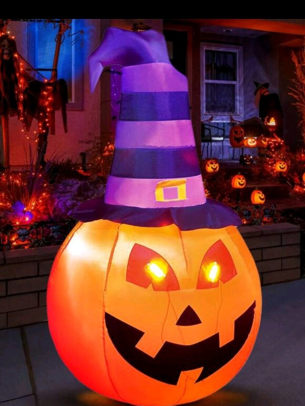 5FT Festive Orange Inflatable Pumpkin with Purple Striped Witch Hat